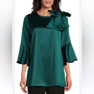 NWT IC Collection Satin Ruffled Sleeve Bow Detail A-Line Tunic Green Sz S